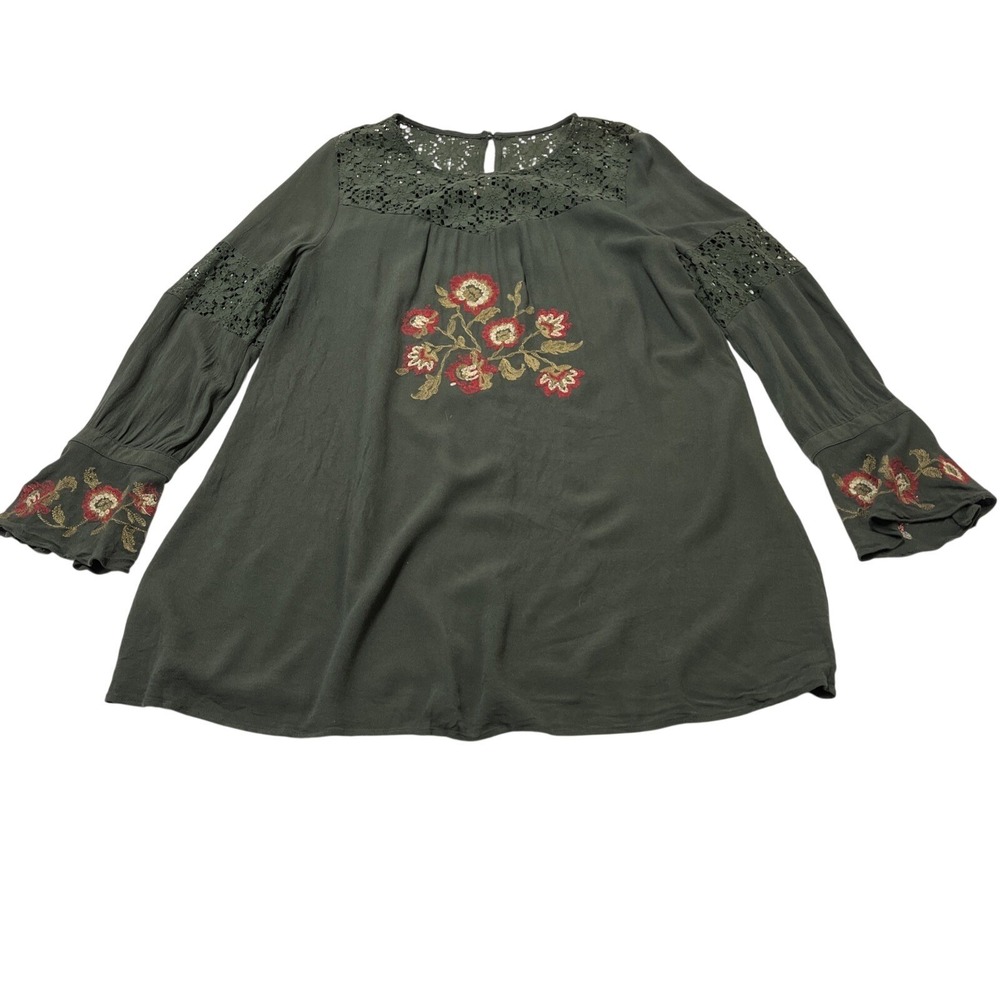 Altard State Top Green Floral Embroidered Lace Crochet Tunic Size L Boho Hippie